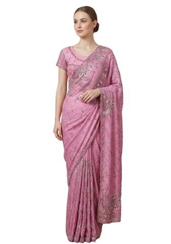 Sari prêt-à-porter mariage rose Shirin - Narkis Fashion