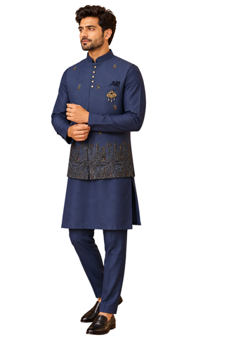 Ensemble indien Adharva bleu nuit 3 pièces avec veste décorée, kurta et pantalon