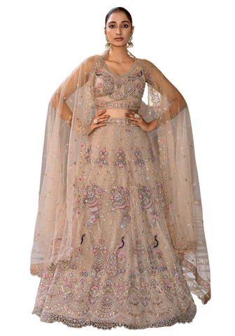 Lehenga Rakshana beige en tulle brodé motifs paons, vue complète