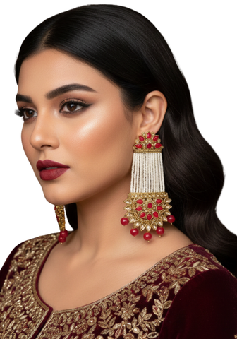 Boucles Indiennes Longues Sripriya – Rouge & Perles - Narkis Fashion