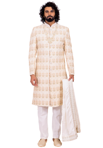 sherwani Aurangazeb ivoire doré – tenue de mariage indienne homme brodée