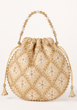 Sac potli beige champagne avec broderies dorées et anse perlée