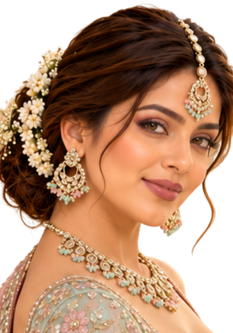 Parure Kajol Rose et Vert Pastel collier boucles d'oreilles et maang tikka
