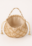 Sac potli beige champagne avec broderies dorées et anse perlée