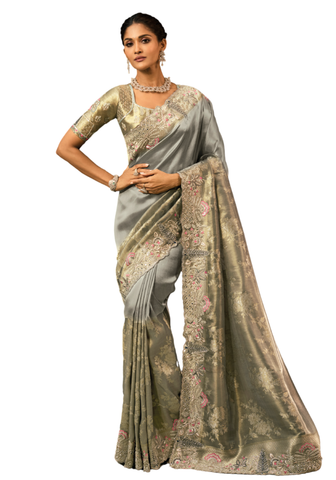 Sari Nayara gris perle en soie brodé – vue complète