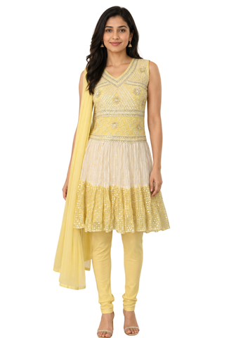 Salwar Sania jaune et ivoire femme taille 36/38 vue de face