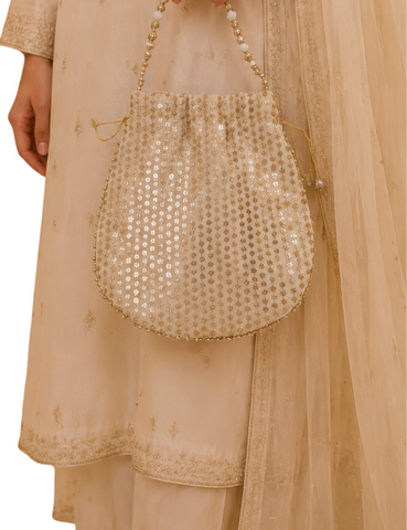 Sac potli beige champagne avec broderies dorées et anse perlée