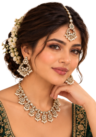 Parure Kajol Ivoire collier boucles d'oreilles et maang tikka
