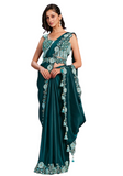 Sari turquoise Mehal moderne en satin brodé avec pampilles – prêt-à-porter chic.