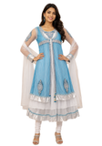 Tenue indienne Rasina bleu turquoise et blanc pour cérémonie