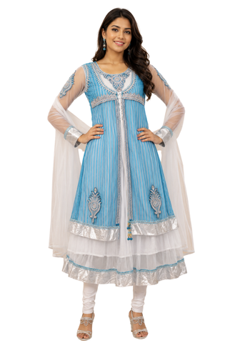Tenue indienne Rasina bleu turquoise et blanc pour cérémonie
