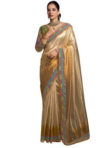 Sari indien en soie style organza doré – Sari Ayana