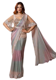 Sari Nirosha en soie satin pastel avec cape brodée et ceinture — vue complète