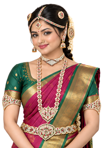 Parure complète mariée indienne Hemamaline portée avec sari traditionnel