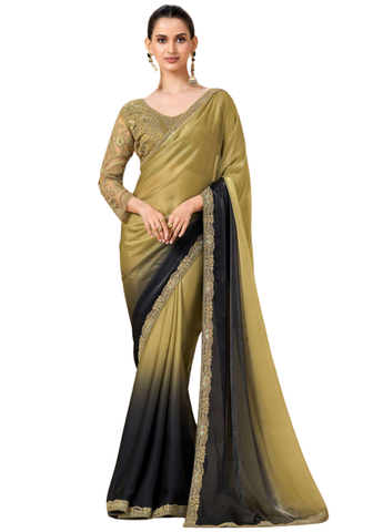 sari chiffon shimmer vert olive noir brodé Elvina