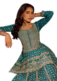 lehenga sharara vert canard brodé or manches longues