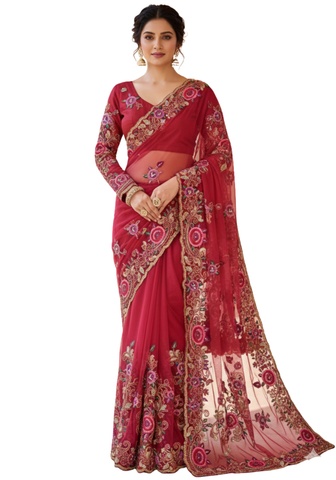 Sari Naseema rouge prêt à porter brodé vue entière