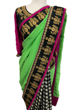 Sari Sneha noir, vert et rose magenta brodé doré – sari designer prêt-à-livrer ou prêt-à-porter mariage et cérémonie.