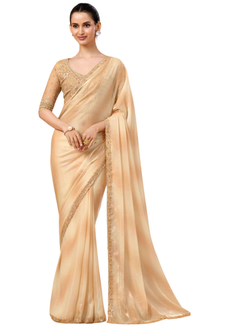 Sari indien champagne doré Suvarna avec bordure brodée