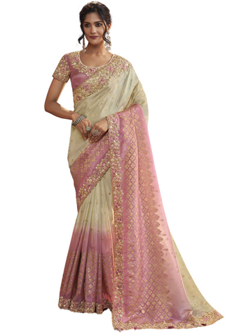 Elégant sari beige et rose Nezla
