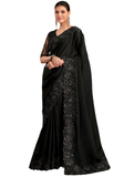 Sari Samira noir brodé en satin georgette avec bordure florale – tenue indienne élégante Narkis Fashion