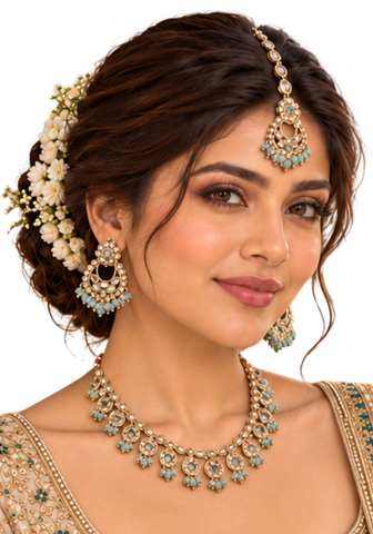 Parure Kajol Bleu pastel Collier boucles d'oreilles et maang tikka
