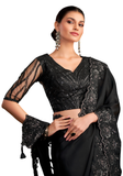 Bustier noir en satin et tulle brodé avec manches transparentes – blouse sari designer Narkis Fashion