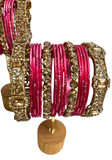 Lot de bracelets indiens Aarya fuchsia avec joncs colorés et bracelets métalliques incrustés de pierres