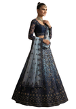 Bustier manches longues lehenga bleu broderies