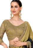 sari chiffon shimmer vert olive noir brodé Elvina