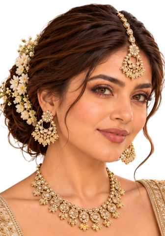 Parure Kajol Champagne collier boucles d'oreilles et maang tikka
