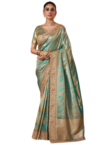 Sari Vanya Turquoise doré Kanjivaram Brodé