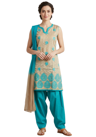 Salwar indien Amodini beige doré et turquoise