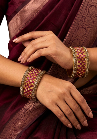 Lot de 6 bracelets indiens Suhana rose fuchsia et dorés avec pierres brillantes, taille 2.10