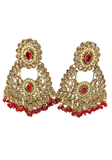 Grandes boucles d'oreilles Mahima dorées avec pierres et pampilles bordeaux