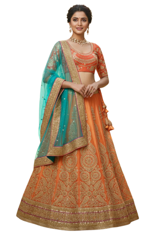 Lehenga Sohana - Orange et Turquoise - Narkis Fashion