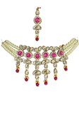 Parure indienne Priyana Rose – collier perles blanches et pierres roses avec boucles et tikka mariage.
