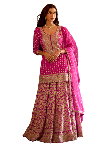 lehenga sharara rose fuchsia brodé or