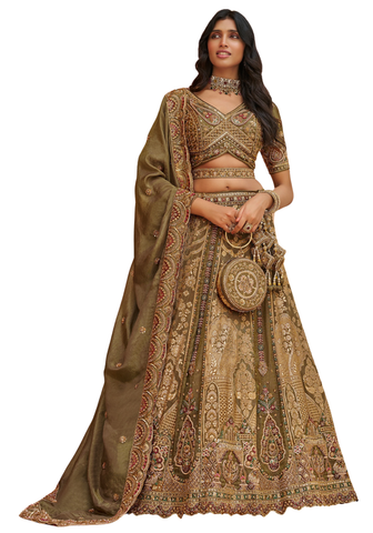 Lehenga de mariée Zoya vert olive et doré en soie Banarasi