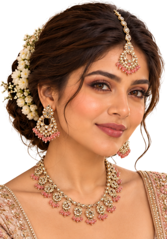 Parure indienne Kajol Rose Corail et dorée avec collier boucles et maang tikka portée