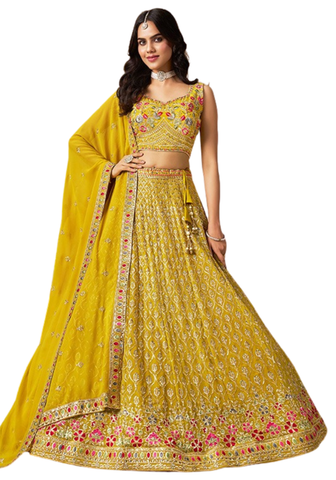 Lehenga Ramya jaune – ensemble brodé mariage indien