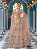 Lehenga Rakshana beige en tulle brodé motifs paons, vue complète