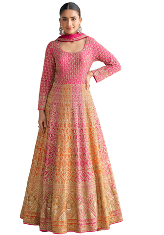 Robe Noor - Rose Indien et Orange Brodée Or