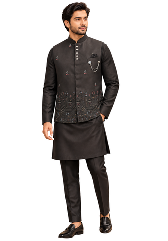 Ensemble Indien Homme Adharva Noir – Kurta, Pantalon & Veste Brodée