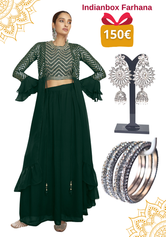 Coffret Indianbox Farhana – Ensemble palazzo vert avec crop top et veste