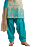 Tunique indienne beige brodée avec pantalon turquoise