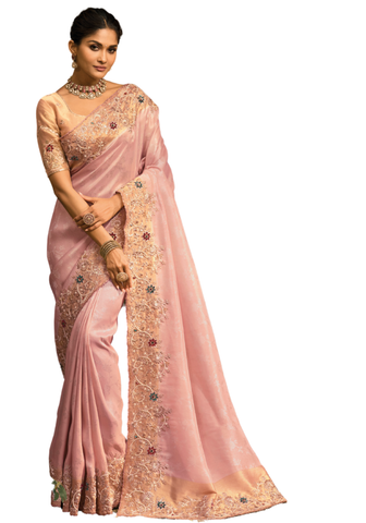 Soft rose embroidered silk sari front view