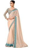 sari chiffon shimmer beige bleu brodé Meenu