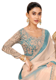 sari chiffon shimmer beige bleu brodé Meenu
