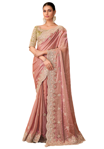 sari Suhana rose poudré brodé